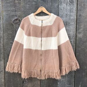 Vintage 60s-70s Crochet Neutral Striped Poncho Sweater Talon Zipper OS Adult